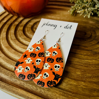 Orange Ghost Skull Star Teardrop Shaped Earrings