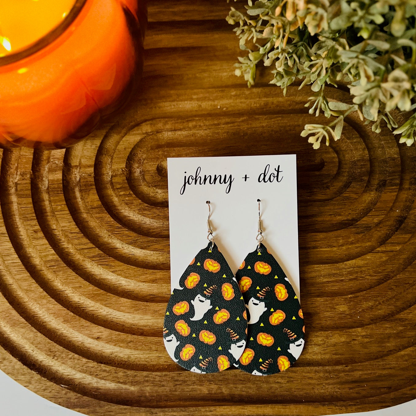 Orange and Black Happy Ghost Teardrop Shaped Earrings