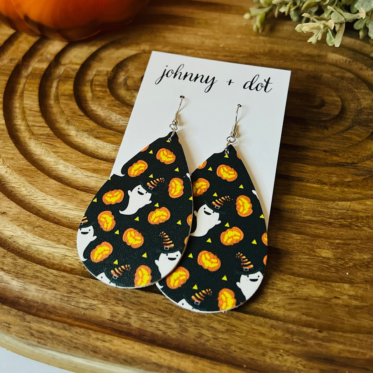 Orange and Black Happy Ghost Teardrop Shaped Earrings