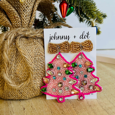 Beaded Pink Christmas Tree Earrings with Gold Bow