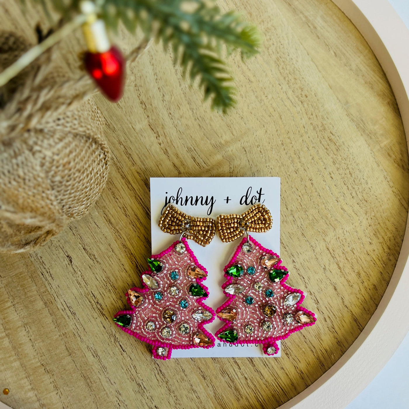 Beaded Pink Christmas Tree Earrings with Gold Bow