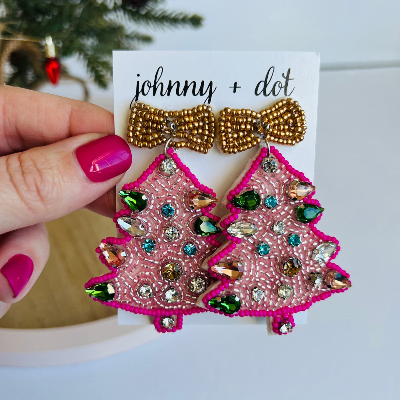 Beaded Pink Christmas Tree Earrings with Gold Bow