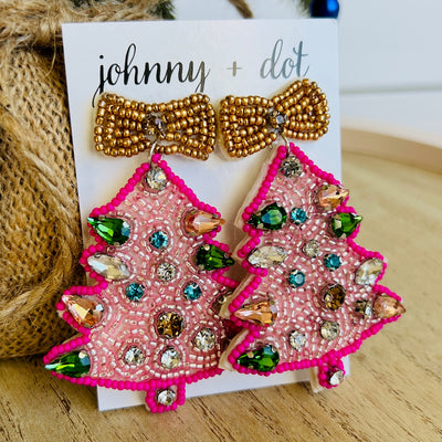 Beaded Pink Christmas Tree Earrings with Gold Bow