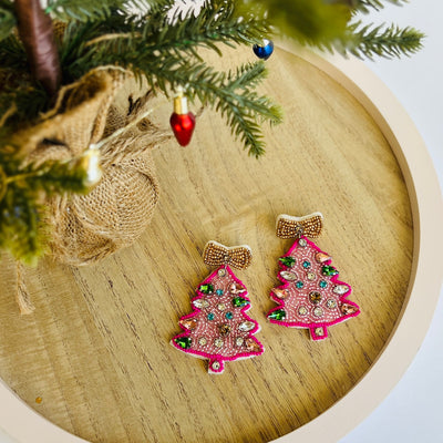 Beaded Pink Christmas Tree Earrings with Gold Bow