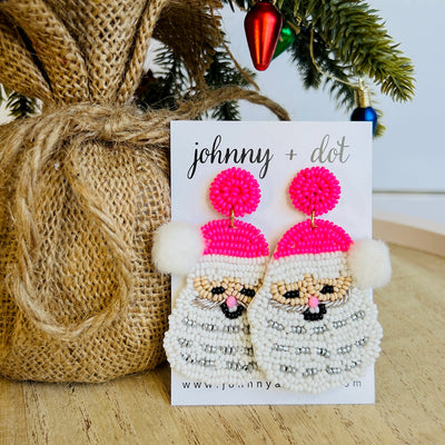 Beaded Pink Santa with Pom Pom Earrings