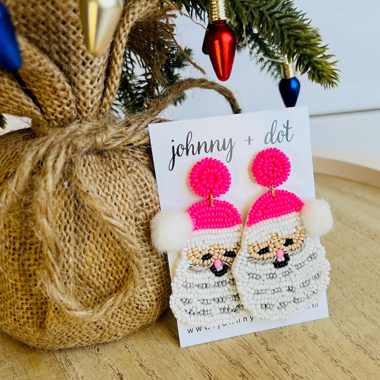 Beaded Pink Santa with Pom Pom Earrings