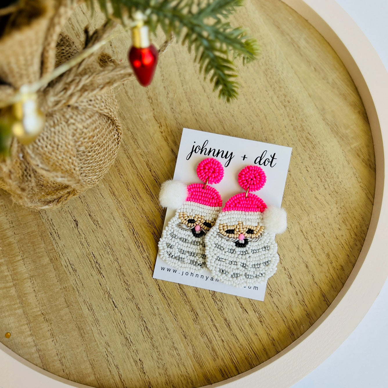 Beaded Pink Santa with Pom Pom Earrings