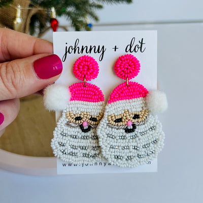 Beaded Pink Santa with Pom Pom Earrings