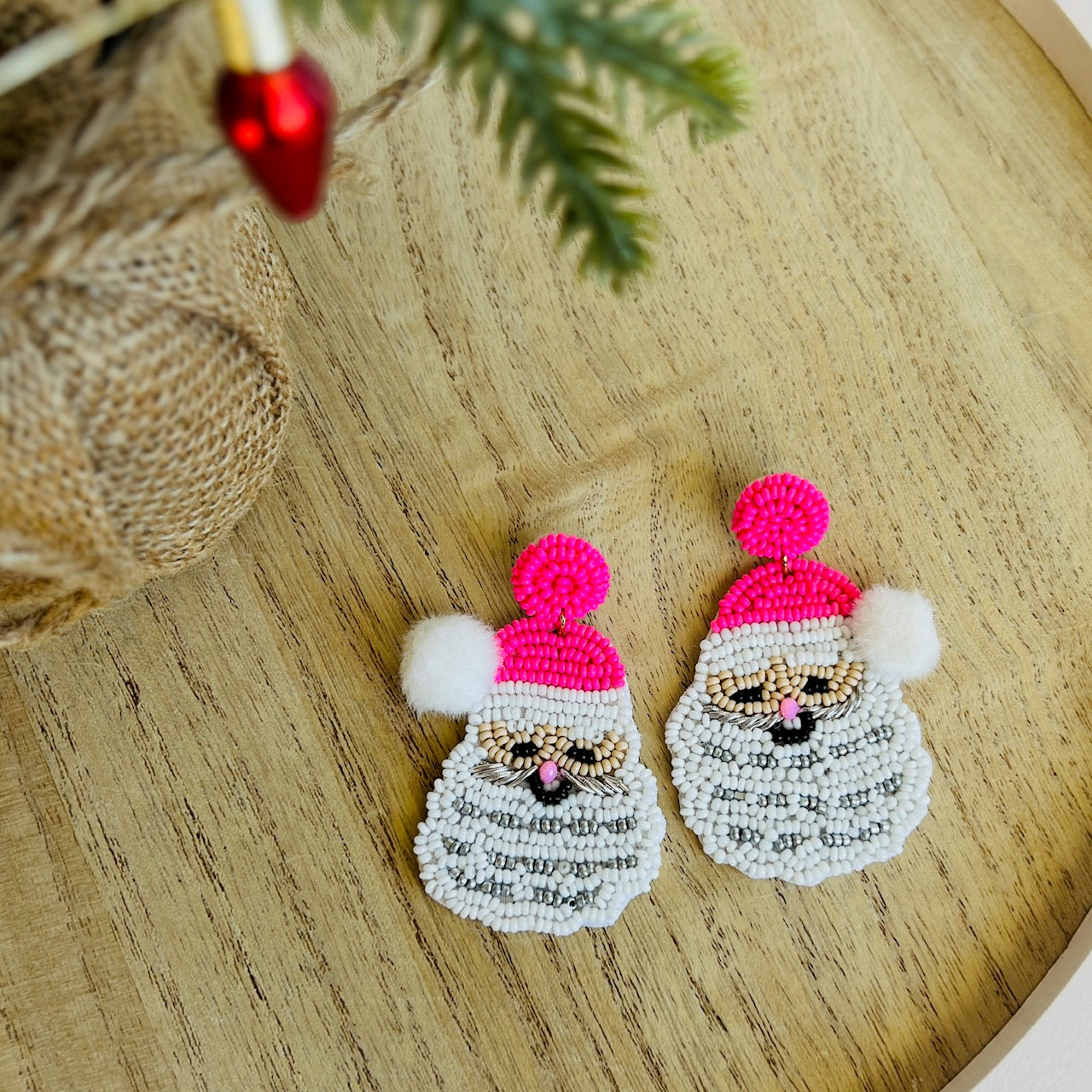 Beaded Pink Santa with Pom Pom Earrings