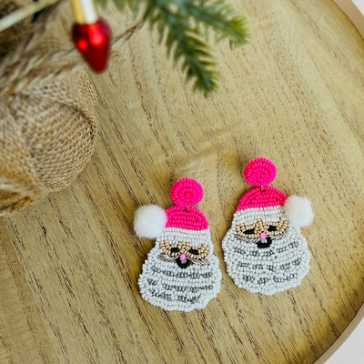 Beaded Pink Santa with Pom Pom Earrings