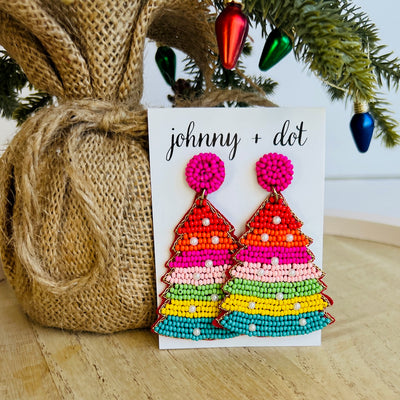 Beaded Rainbow Christmas Tree Earrings