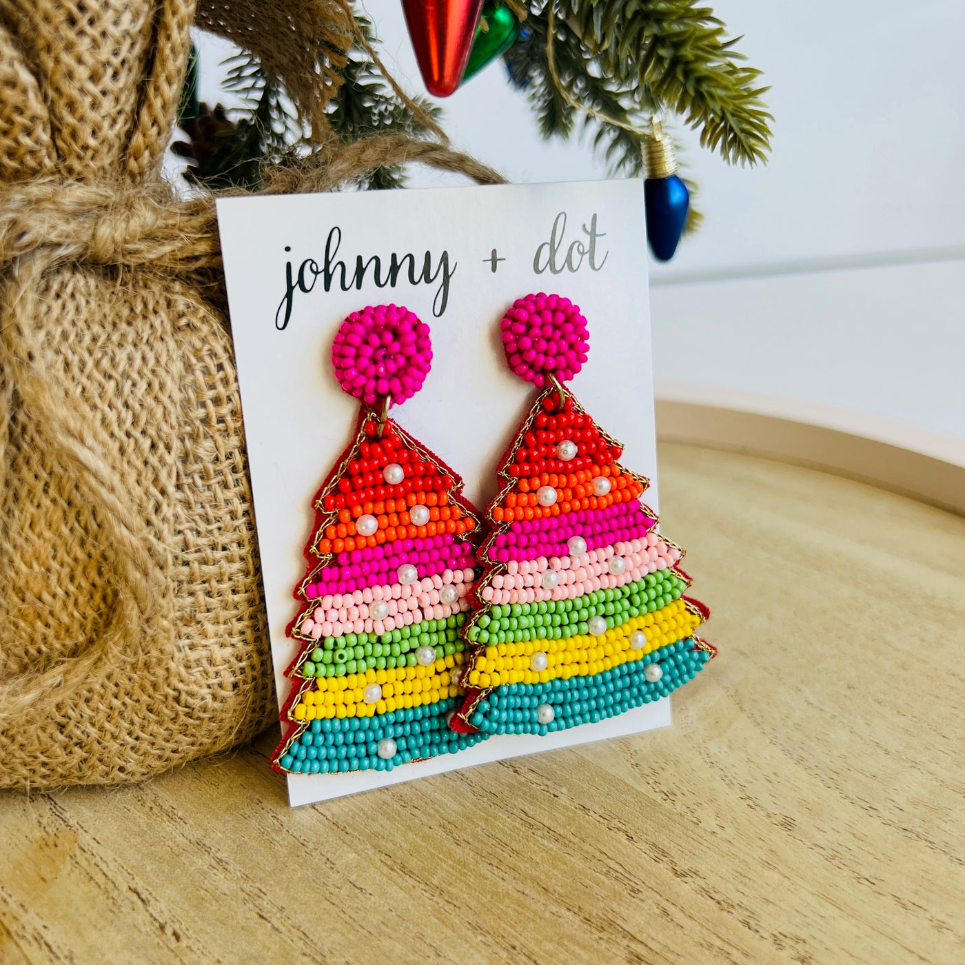 Beaded Rainbow Christmas Tree Earrings