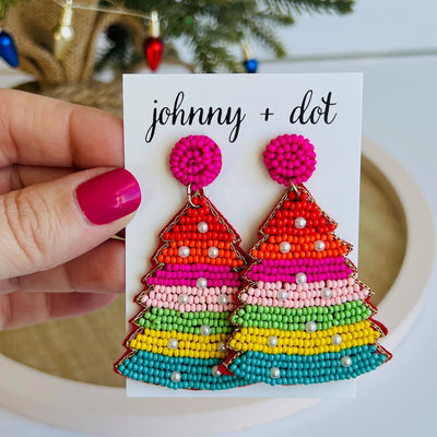 Beaded Rainbow Christmas Tree Earrings