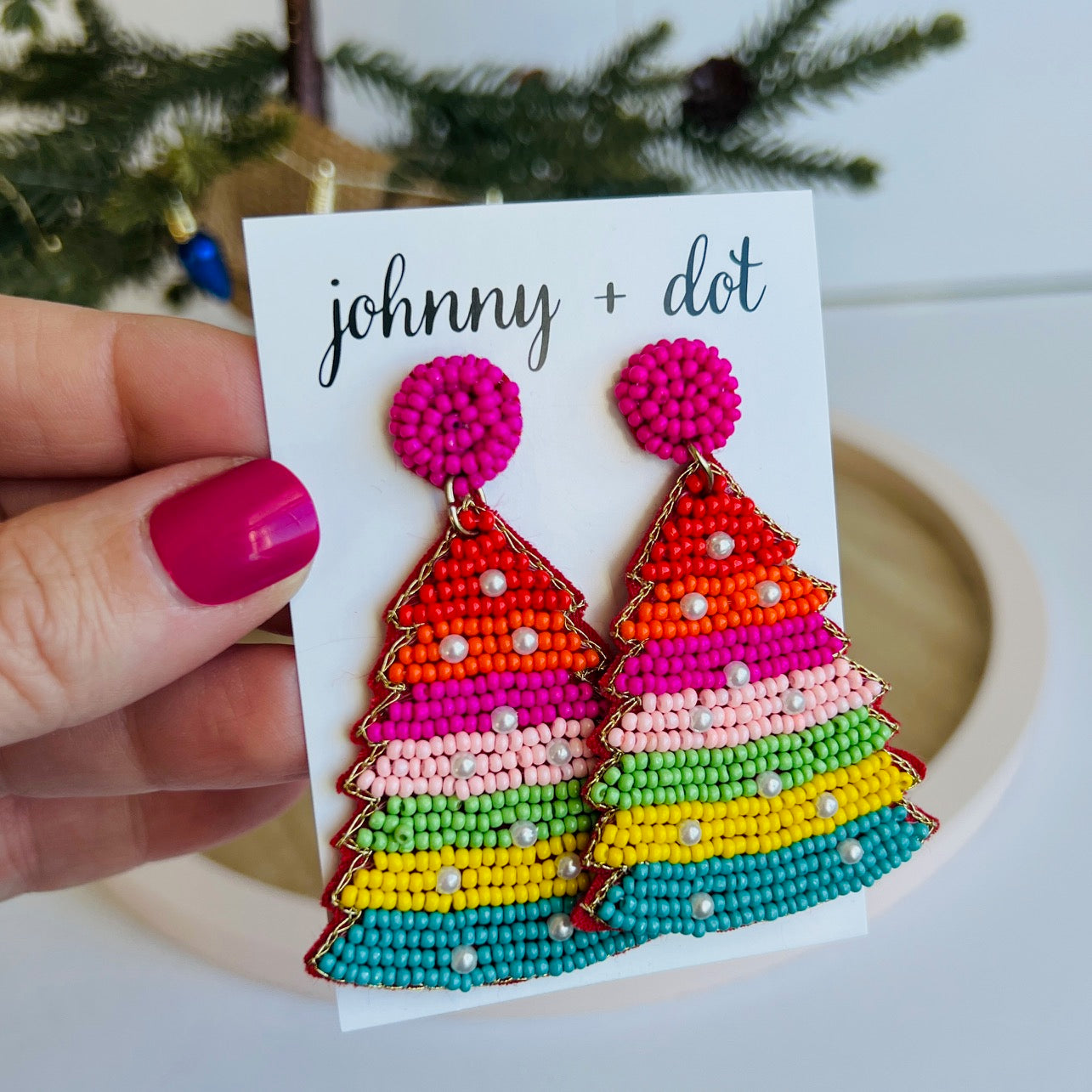 Beaded Rainbow Christmas Tree Earrings