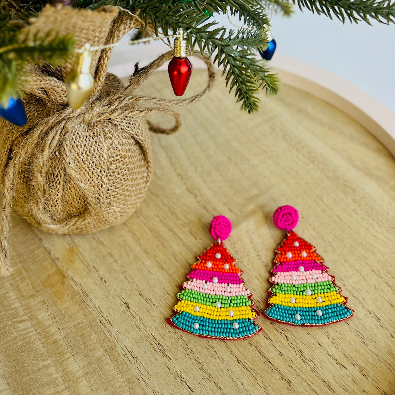 Beaded Rainbow Christmas Tree Earrings