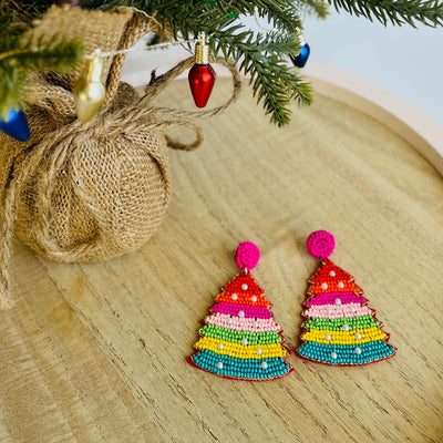 Beaded Rainbow Christmas Tree Earrings