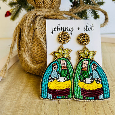 Beaded Nativity Scene Christmas Earrings