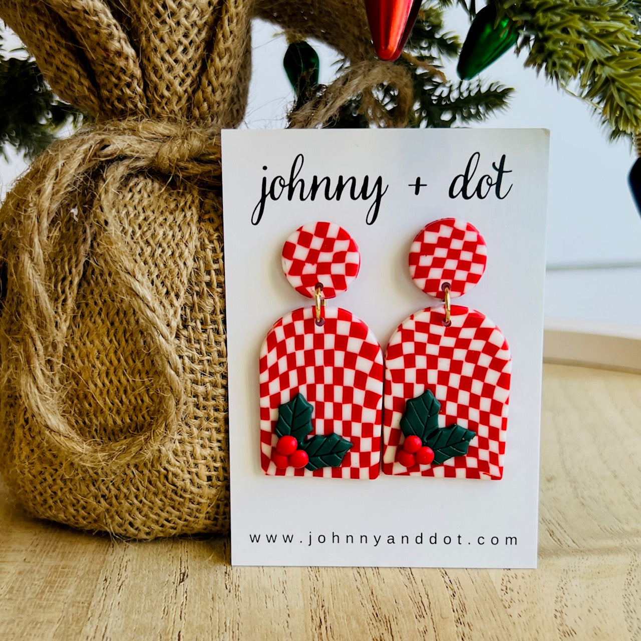 Red Plaid Holly Polymer Clay Earrings