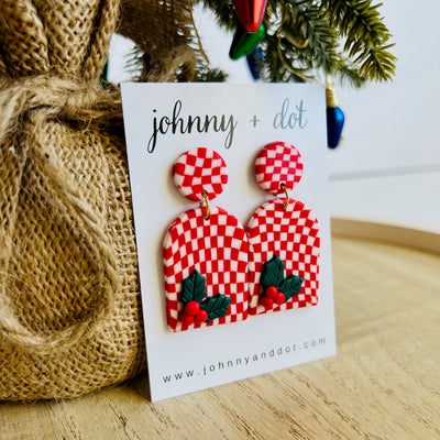 Red Plaid Holly Polymer Clay Earrings