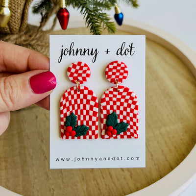 Red Plaid Holly Polymer Clay Earrings