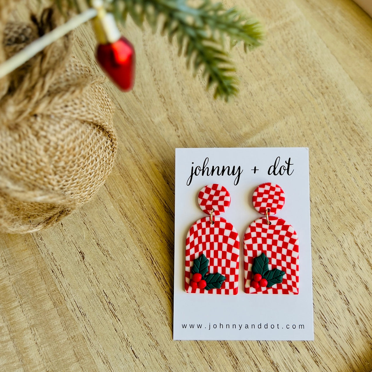 Red Plaid Holly Polymer Clay Earrings