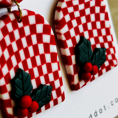 Red Plaid Holly Polymer Clay Earrings