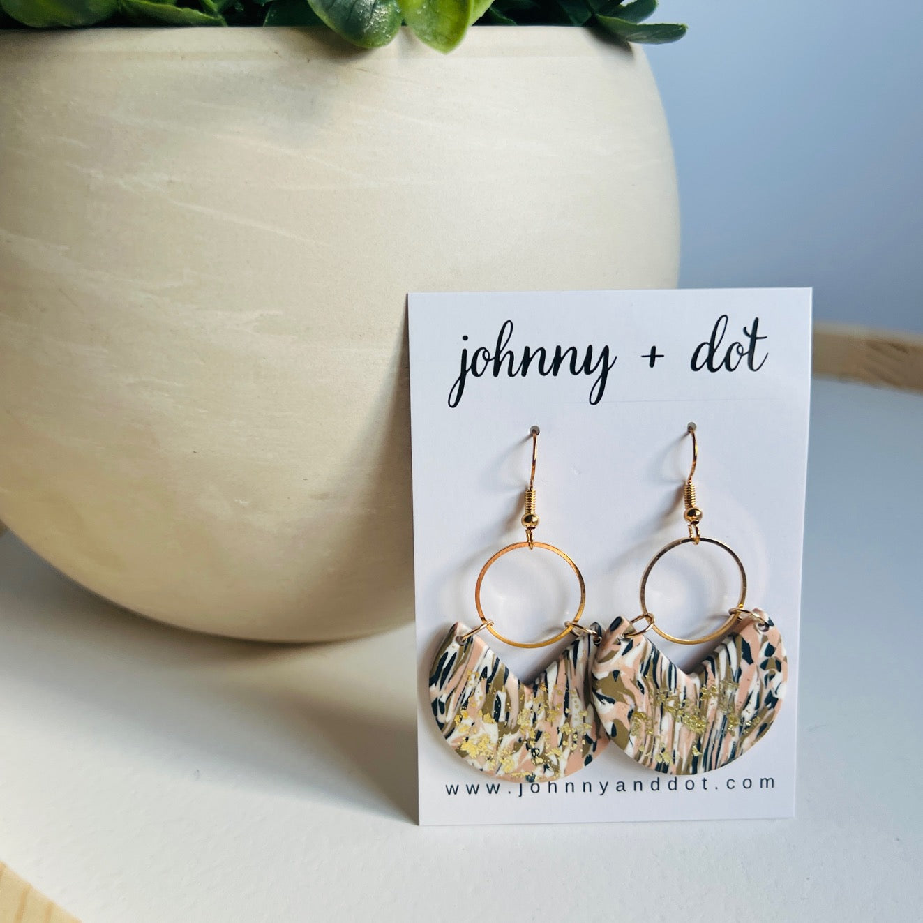 Abstract Golden Speckled Half Moon Drop Earrings