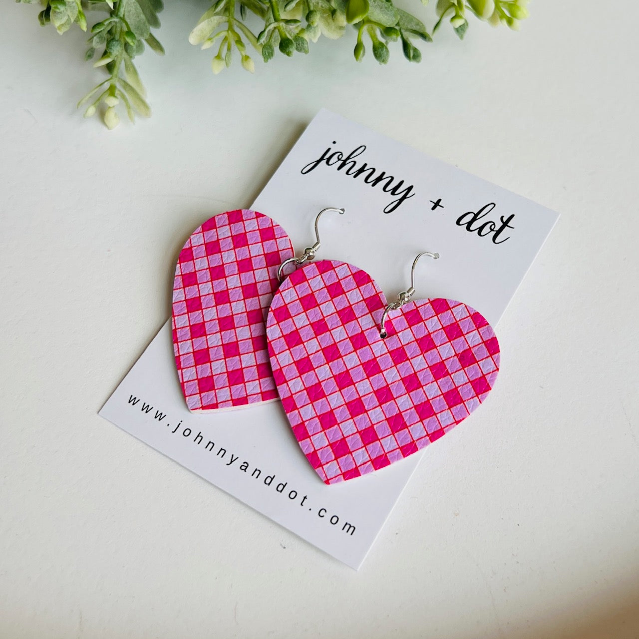 Pink Gingham Heart Earrings