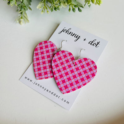 Pink Gingham Heart Earrings