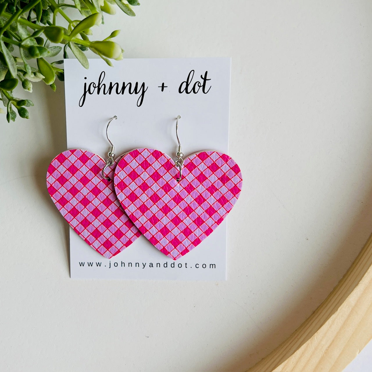 Pink Gingham Heart Earrings