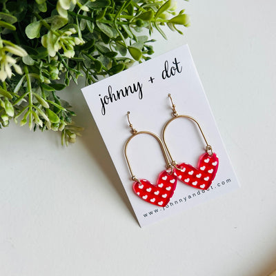 Red and White Heart Drop Earrings