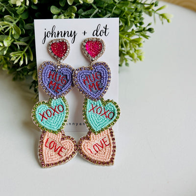 Beaded Hug Me XOXO Love Conversation Heart Earrings