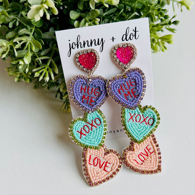 Beaded Hug Me XOXO Love Conversation Heart Earrings