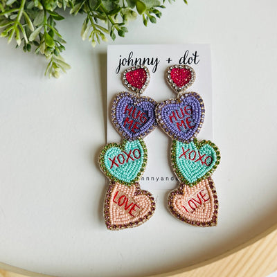 Beaded Hug Me XOXO Love Conversation Heart Earrings