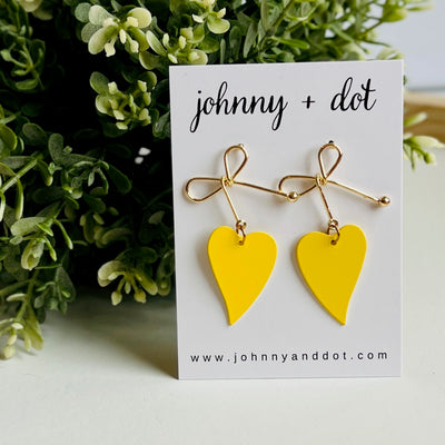 Heart Bow Dangle Earrings in Yellow