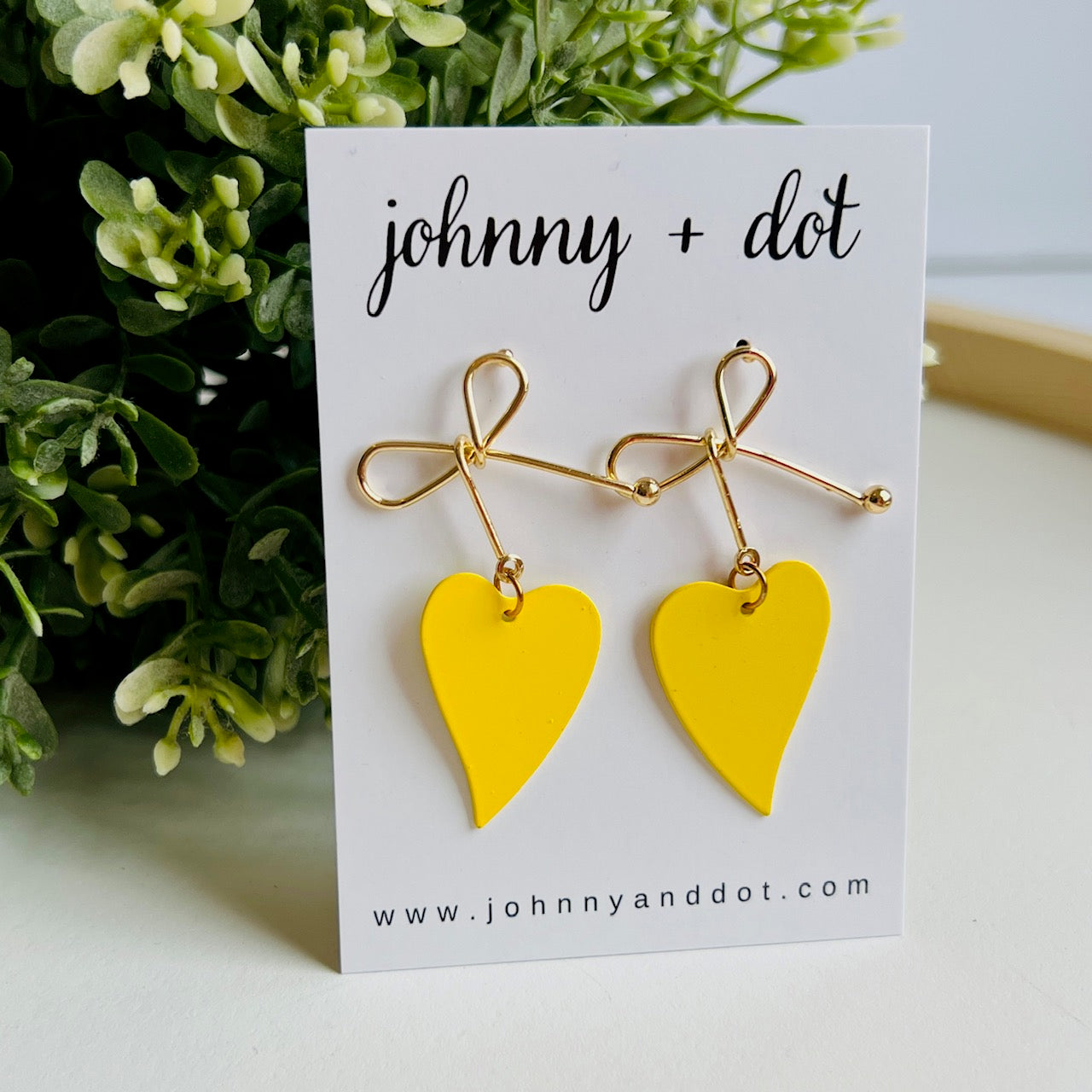 Heart Bow Dangle Earrings in Yellow