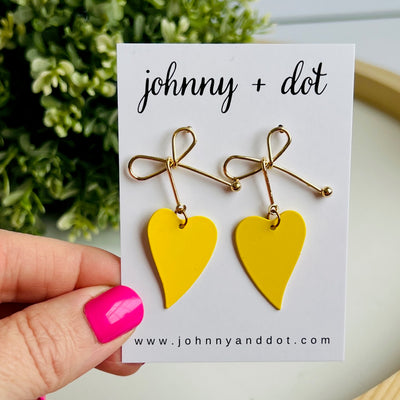 Heart Bow Dangle Earrings in Yellow