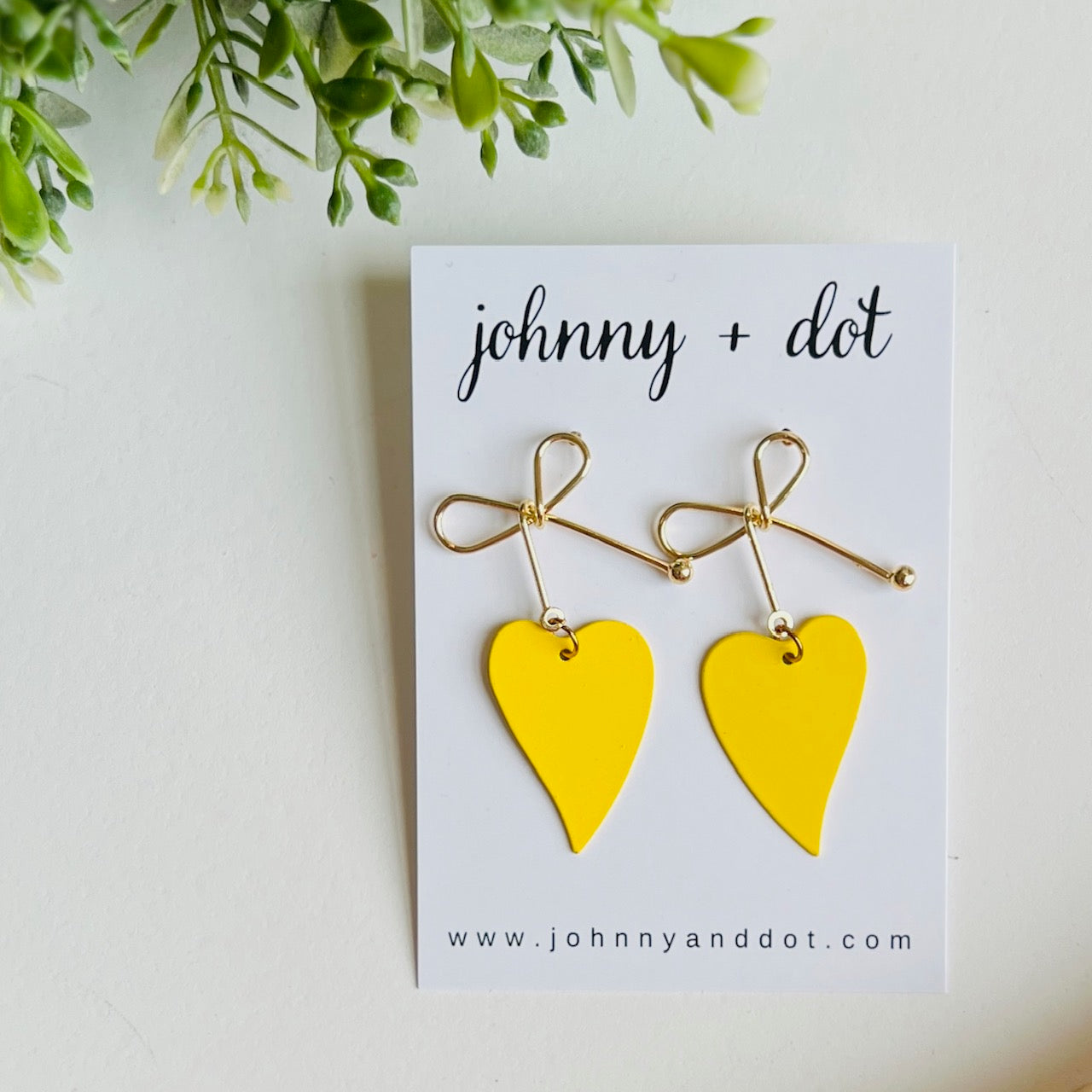 Heart Bow Dangle Earrings in Yellow