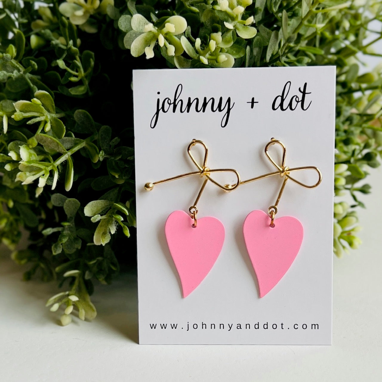 Heart Bow Dangle Earrings in Pink