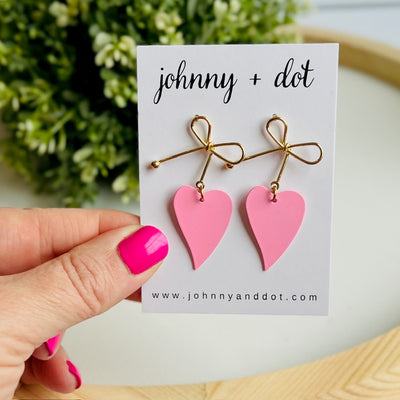 Heart Bow Dangle Earrings in Pink