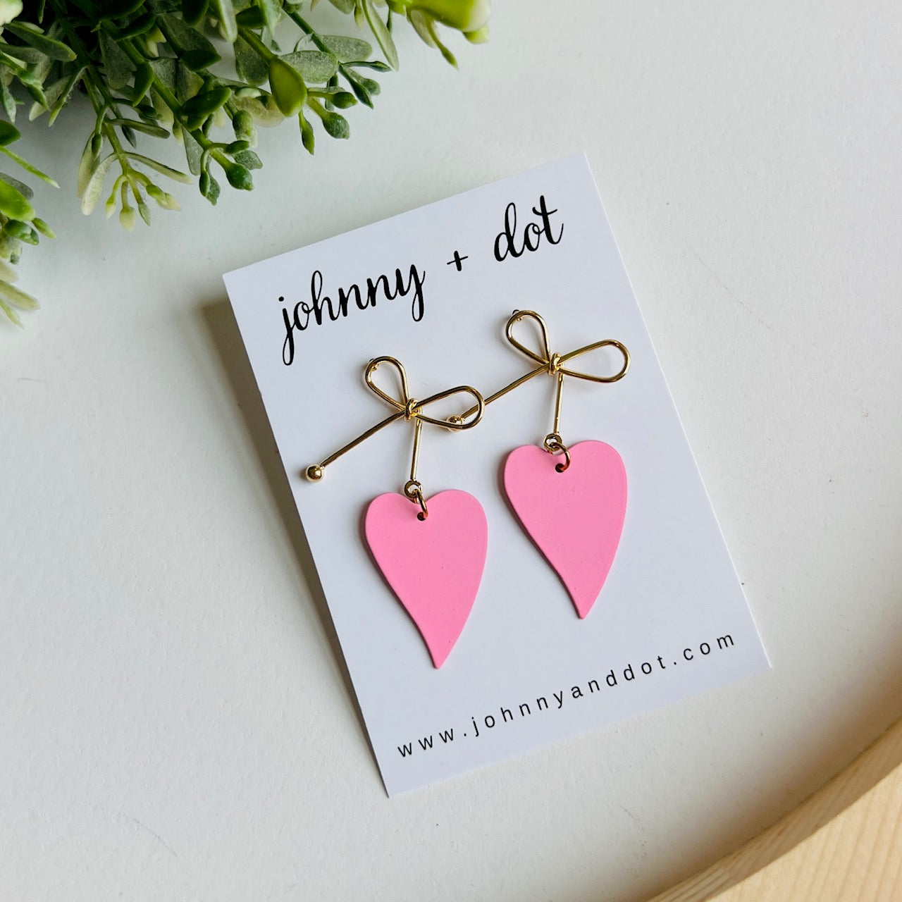 Heart Bow Dangle Earrings in Pink