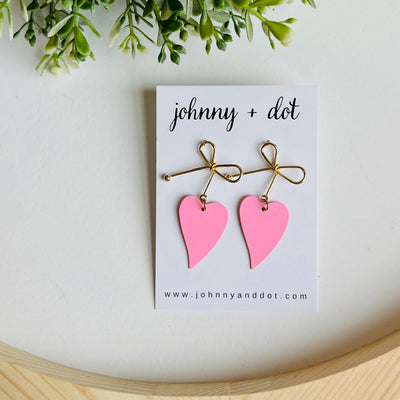 Heart Bow Dangle Earrings in Pink