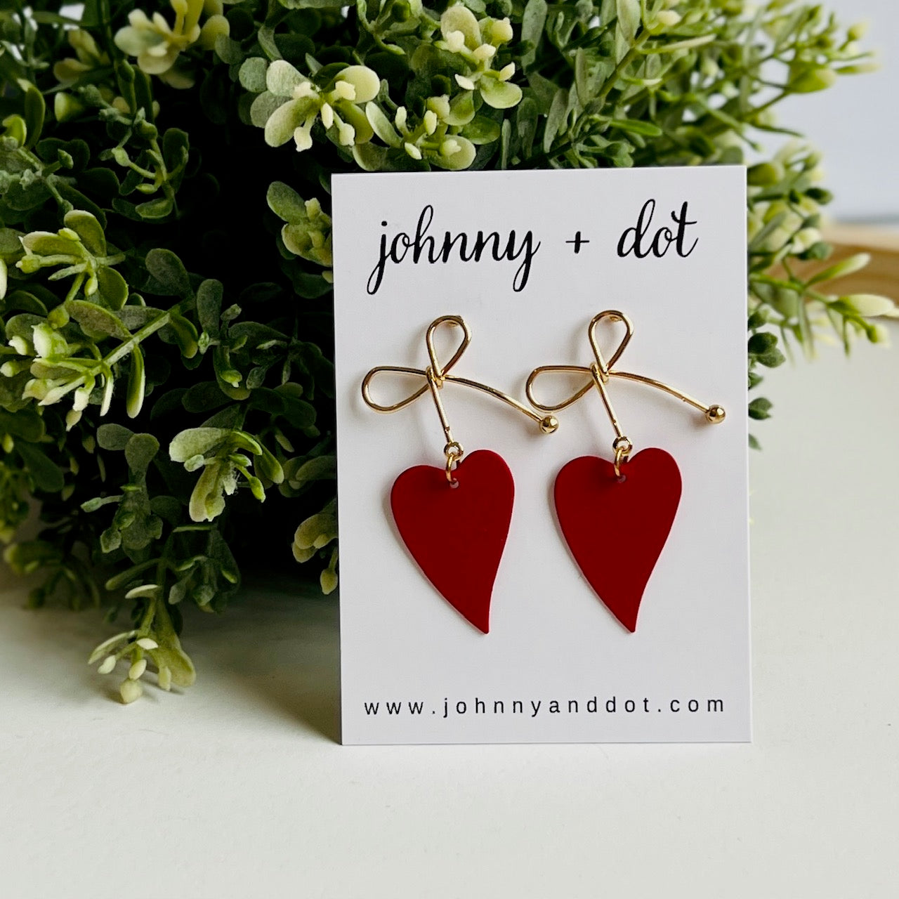 Heart Bow Dangle Earrings in Red