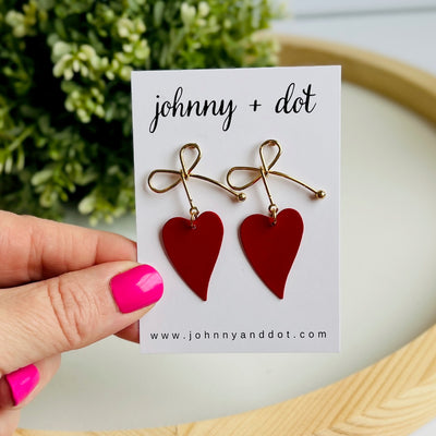 Heart Bow Dangle Earrings in Red