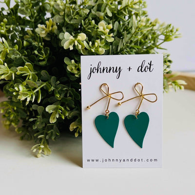 Heart Bow Dangle Earrings in Teal