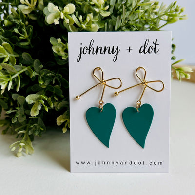 Heart Bow Dangle Earrings in Teal