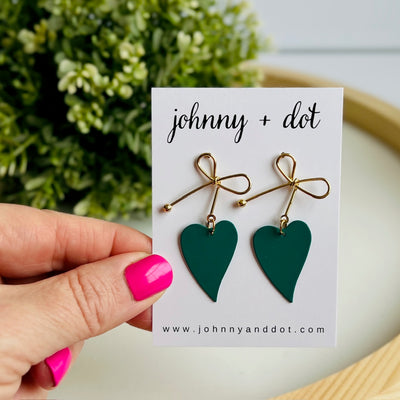 Heart Bow Dangle Earrings in Teal