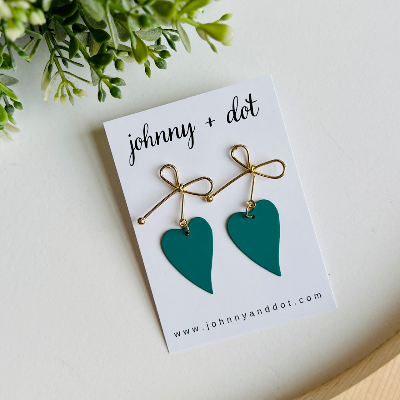 Heart Bow Dangle Earrings in Teal