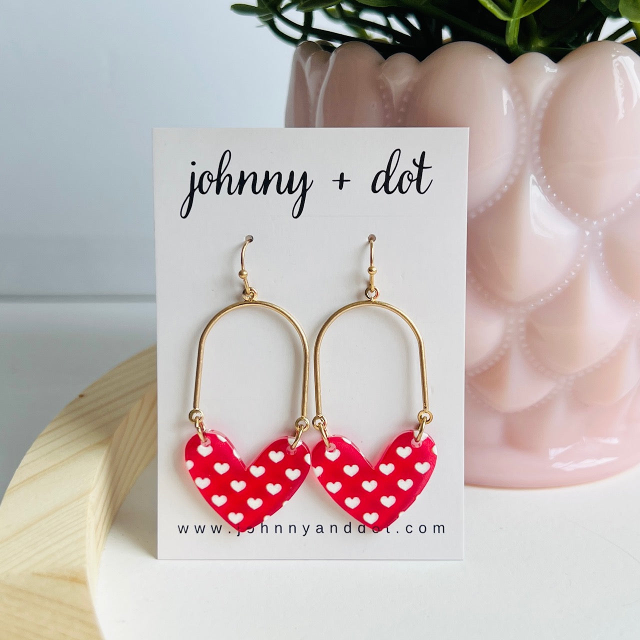 Red and White Heart Drop Earrings