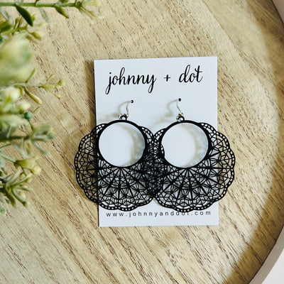 Black Filigree Boho Hoop Earrings